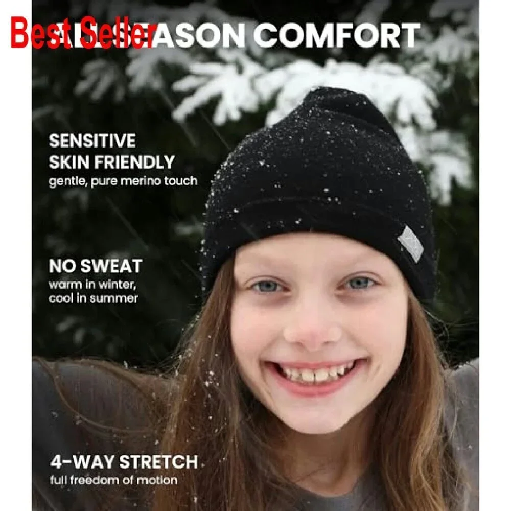 Merino Wool Beanie Kids Unisex Cuff Cap Breathable Sensitive Skin Winter